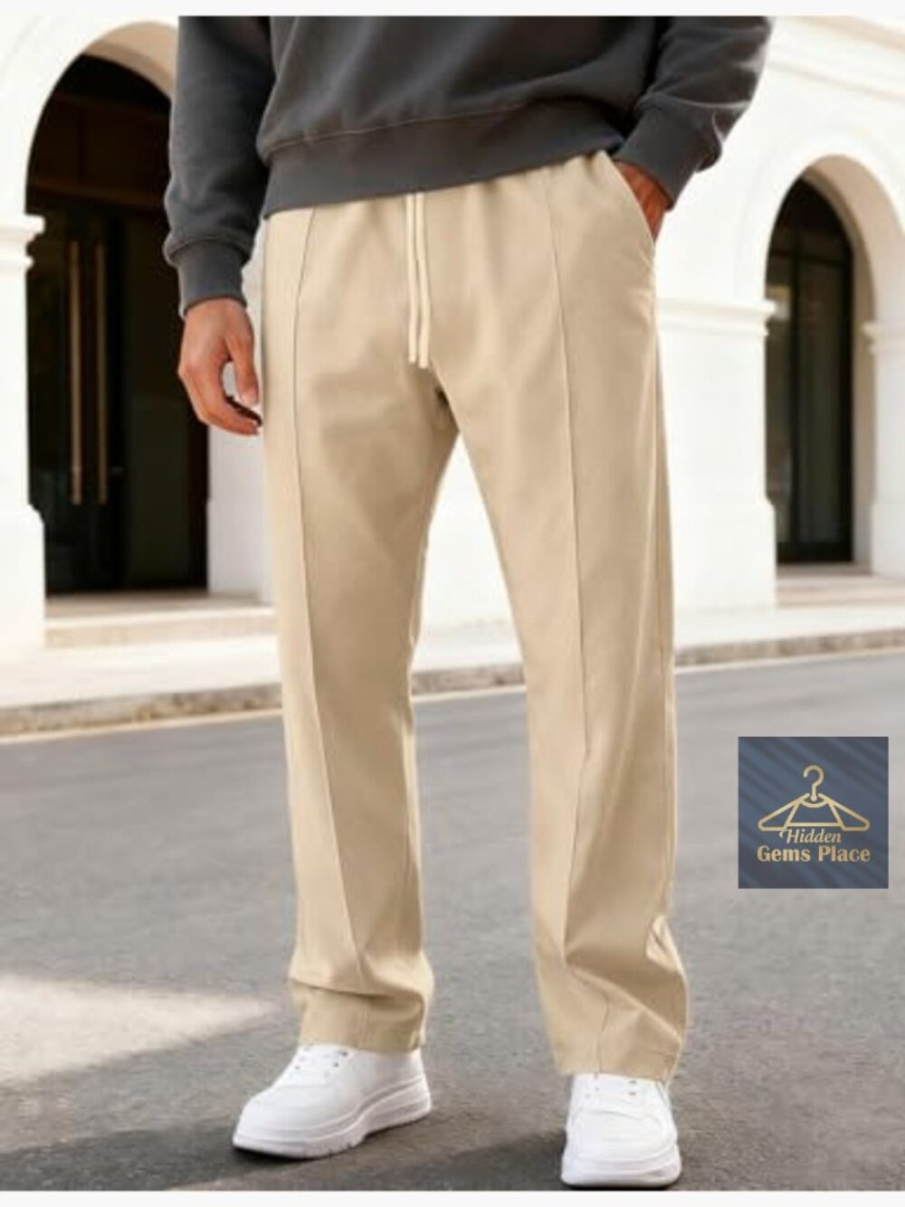 Men's Elastic Waist Lightweight Loose Fit Pleated Casual Pants Tapered Cropped - Picture 2 of 7